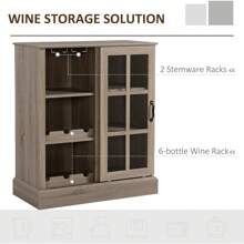 Wine Bar Cabinet, With 6-Bottle Wine Rack And Stemware Racks, Small Sideboard Buffet Cabinet With Sliding Glass Door And Storage Shelves For Kitchen, Brown