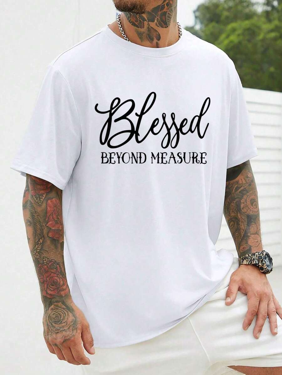 Men's Blessing Slogan Handwritten Pattern Simplicity T-Shirt, 1 PC 220gsm Round Neck Casual Heavy Pure Cotton T-Shirt - 白色 - 查看 1