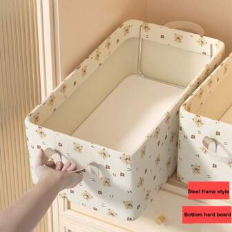 1pc Cute Bear Pattern Plastic Storage Box, Thick Fabric Foldable Clothes Storage Container Box For Home