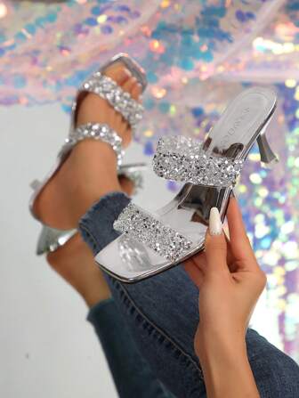 全新大码女式舒适简约平行水钻方头细高跟凉鞋，夏季时尚休闲户外鞋