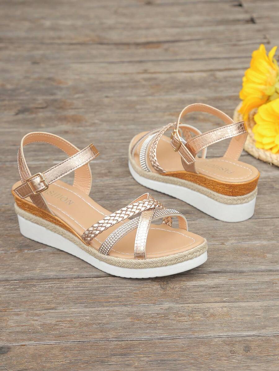 Aijiangluo Sandálias femininas novas, leves, versáteis e de bico aberto, com sola grossa e tira trançada, estilo férias de verão, adequadas para encontros, compras, deslocamento, festas e praia - Rosa ouro - Ver 1