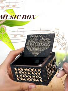 Vintage Wooden Hand-Cranked Music Box, Engraved "Can't Help Falling In Love" Melody, Romantic Gift For Lover, Husband, Wife, Girlfriend, Boyfriend, Anniversary, Wedding, Home Decor, Black
