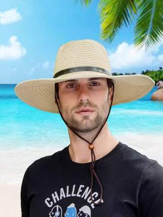 1pc Men's New Outdoor Sun-Shading Hat, Wide Brim Woven Straw Hat For Beach, Travel, Hiking, UV Protection