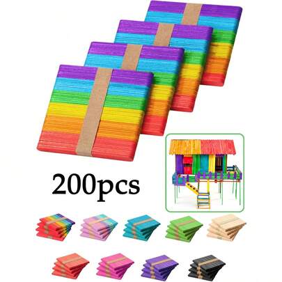 200 que kem nhiều màu, que kem gỗ nhiều màu sắc cầu vồng dùng làm đồ thủ công, que thủ công bằng gỗ nhiều màu 4,5 inch, que kem, que kem cầu vồng, đồ thủ công tự làm, mô hình xây dựng