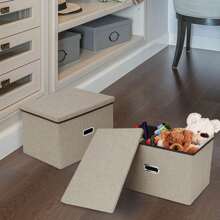 2pcs Foldable Fabric Storage Boxes With Lids Storage Cube Toy Box Storage Basket - Beige - View 2