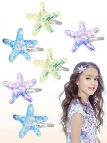 6 件海星发夹，闪光海星发夹海星发饰亮片按扣发夹海滩海星发夹适合女孩（粉色、蓝色、黄色）