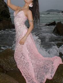 女士性感蕾丝拼布透视荷叶边高开叉不对称荷叶边下摆度假派对海滩罩衫连衣裙（带拖尾）