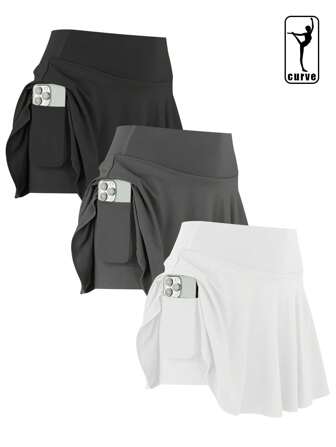 3pcs Plus Size Women Sports Mini Skirt, High Waist Elastic Exercise, Running, Fitness, Golf, Tennis Shorts, Tight & Slimming With Pockets Skirt