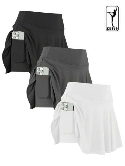 3 件大码女式运动迷你裙，高腰弹力运动、跑步、健身、高尔夫、网球短裤，紧身修身带口袋短裙