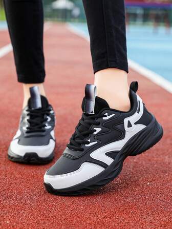 女士黑色运动鞋，轻便透气真皮休闲鞋，舒适厚底多功能跑步鞋，时尚纯色合成革防滑低帮休闲鞋，四季皆宜