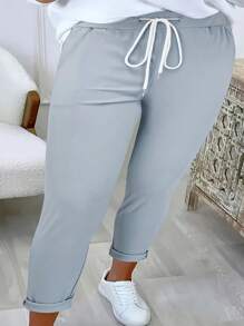 Plus Size Women's Drawstring Casual Pants Spring - Light Grey - View 4