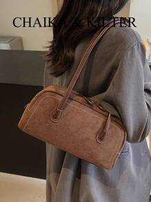CHAIKA & KILTER 1 件纯色仿麂皮面料女士单肩包，复古时尚哑光保龄球包，撞色缝线，双手柄设计，拉链开合，适合日常和户外使用，新款秋冬女包，最佳秋季钱包，最新时尚女士仿麂皮包，完美搭配秋季服装女士秋季服装 - 咖啡棕 - 查看 6