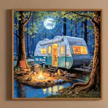 5D DIY Diamant Malerei Set - Idyllischer Campingbus und nächtliche Waldszene | Vollrunde Acryl-Diamanten-Bohrung auf Leinwand | Ideal für Schlafzimmer, Eingangsbereich, Arbeitszimmer, Badezimmer Wanddekoration | entspannende Bastelaktivität | perfektes Geschenk, nagelneues Diamant-Malerei-Set