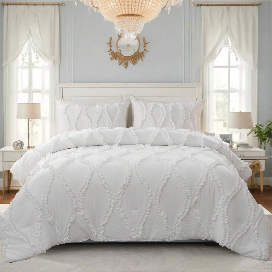 Ruffle Comforter Queen/King Size,Beige Comforter 3 Pieces,Country Farmhouse Bedding Sets, Boho Comforter Ruffled Shabby Chic Bedroom Comforter Set Luxury Ruffle Bedding For All Season 500TC 1 Comforter 2 Pillowcases - trắng - Xem 1