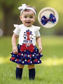 Baby Girl 4th Of July Outfits Letter Romper+Tutu Bloomer Shorts+Stocking+Headband Infant Newborn First 4th Of July Outfit - Màu xanh lam - Xem 3