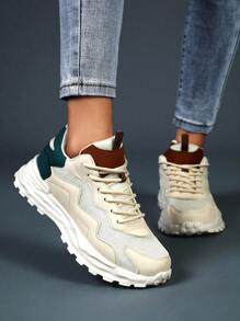 Women's Casual Sports Shoes, New Lace-Up Leather & Mesh Patchwork Breathable Lightweight Comfortable Sneakers, Chunky Sneakers, Thick Sole Non-Slip Outdoor Casual Walking Travel Shoes - Beige - View 3