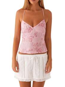 Women Y2k Sequin Beaded Cami Top Sparkly Floral Open Back Spaghetti Strap Crop Tank Top Sexy V Neck Camisole Summer Backless Pearl Embellished Shirts Going Out Tops Beach Vacation Party Clubwear Fairy Grunge Retro Aesthetic Clothes Streetwear - 粉色 - 查看 4