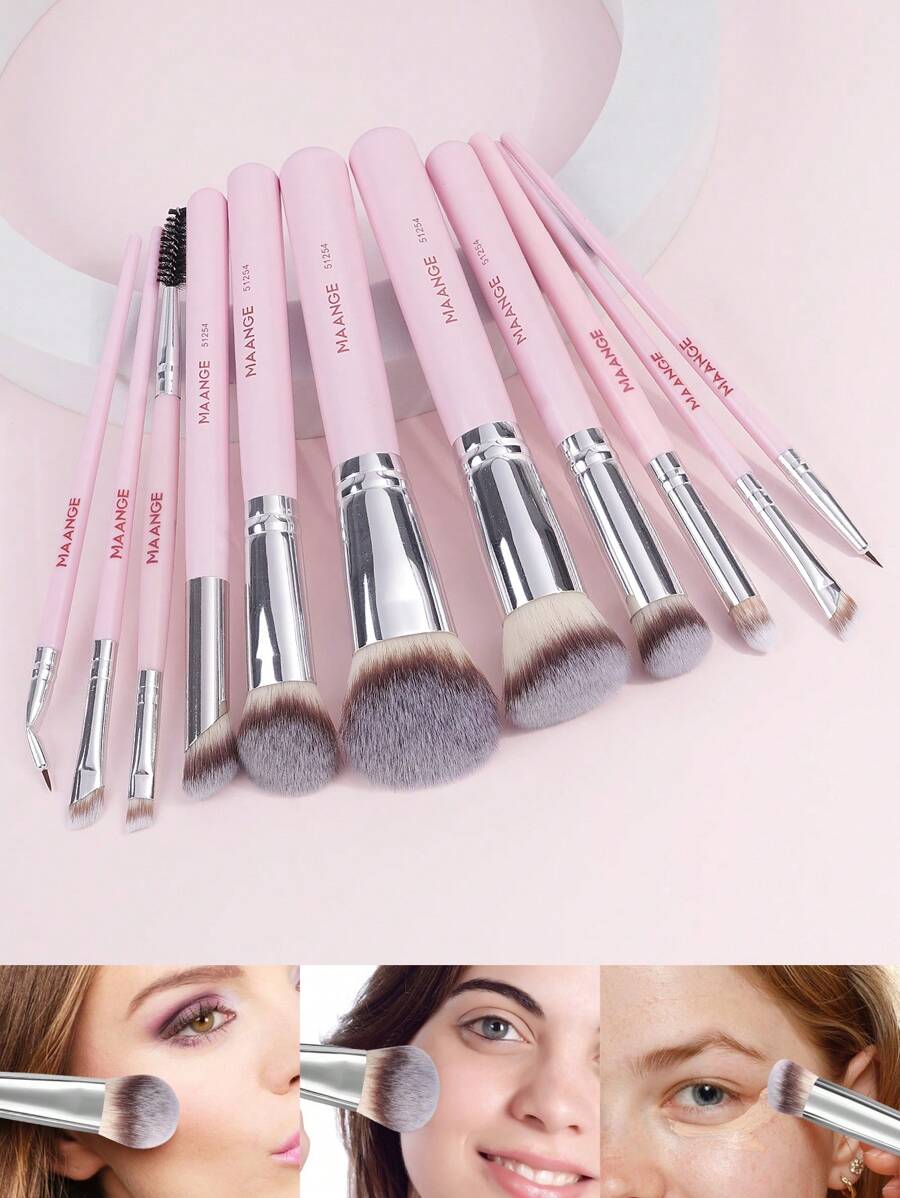 MAANGE 11pcs Professional Facial Makeup Brush Set With Paper Box ,2pcs Eyebrow Brush,2pcs Eyeliner Brush,Foundation Brush,Contour Brush,Blush Brush,Eyeshadow Brush,Nose Contour Brush ,Concealer Brush Makeup Brush With Soft Fiber For Powder,Liquid,Cream For Easy Carrying,Brush For Travel - 淺粉色 - 查看 1