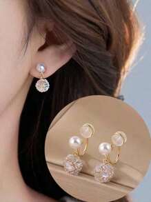 1pair Fashionable Faux Pearl & Cubic Zirconia Short Clip On Ear Cuffs For Women, Small & Versatile Accessories Suitable For Daily Wear, Wedding & Bride Without Ear Holes