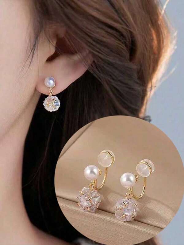 1pair Fashionable Faux Pearl & Cubic Zirconia Short Clip On Ear Cuffs For Women, Small & Versatile Accessories Suitable For Daily Wear, Wedding & Bride Without Ear Holes