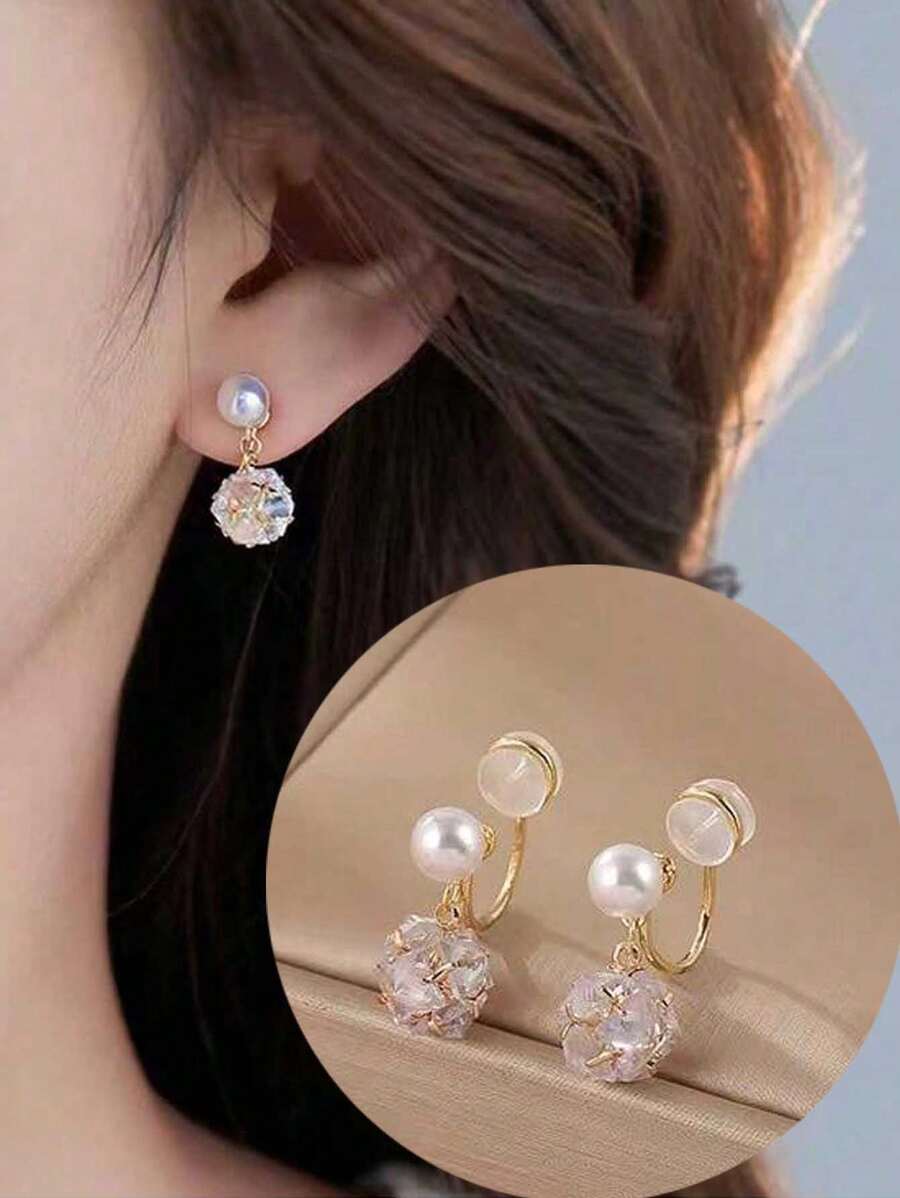 1pair Fashionable Faux Pearl & Cubic Zirconia Short Clip On Ear Cuffs For Women, Small & Versatile Accessories Suitable For Daily Wear, Wedding & Bride Without Ear Holes