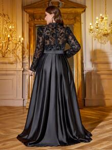 SUPGIR Plus Women's [Random Cut] O-Neck Long Sleeve Sequin Three - Dimensional Flower Slim-Fitting Trousers Satin Maxi Ball Gown Evening Dress - 黑色 - 查看 2