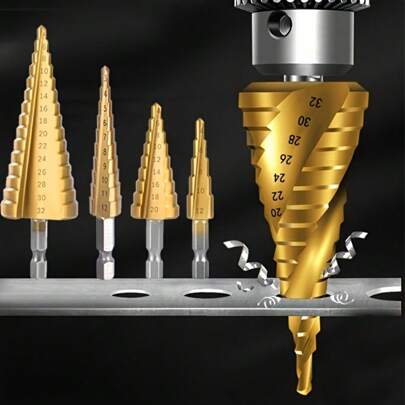 3 PCS Titanium Coated, Durable High-Speed Steel Step Drill Bit Kit - Suitable For Various Sizes Of Wood And Metal, No Need For Electricity, Mixed Item Package