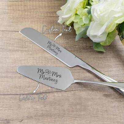 2pcs Personalized Wedding Cake Cutter Set - Engraved Cake Serving Set, Stainless Steel Cake Knife And Server Set, Custom Wedding Gift, Wedding Decoration, Bridal Shower Gift Monogrammed, Customized Cake Cutter And Pie Server For Wedding, Birthday, Anniversary