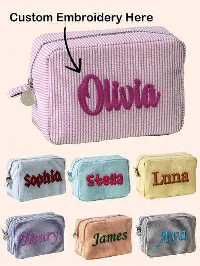 1pc Personalized Embroidery Tulle Makeup Bag/Cosmetic Pouch, Suitable For Portable Toiletry Storage Travel, Gift For Bachelorette Party, Cosmetic Organizer, Wedding Bridal Shower Present, School Supplies, For Teenagers, Junior High School Students, Middle School Students, High School Senior High School Students, College Students, University Students, Freshman, Sophomore, Underclassmen,Bags & Luggage,2025 Halloween Accessories,Large Capacity