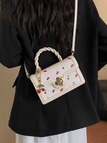 女士多功能高品质时尚樱桃印花手提包，时尚小方斜挎包，春夏新品系列 - 白色 - 查看 4