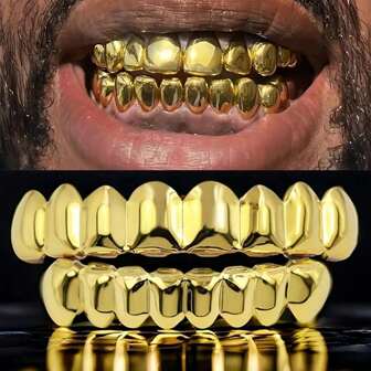 1pc /2pcs Hip Hop 18K Gold Plated Hip Hop Grill, Sparkling Gold 8-Tooth Copper Grill With Synthetic Zirconia - Universal Fashion Easter Look For Men And Women