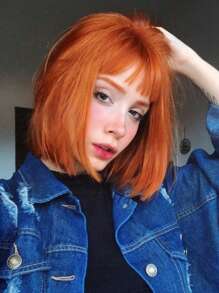 Peluca corta y recta de pelo sintético con flequillo, color naranja, para uso diario, fiestas, festivales de música de primavera, de 12 pulgadas