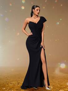 Smilprince Elegante vestido de noche con corte asimétrico en el cuello, ceñido al Body y abertura alta, vestido de fiesta formal con pliegues asimétricos, vestido de graduación para mujeres, vestido de noche formal, vestido de fiesta, vestido para invitada de boda - Negro - Ver 5