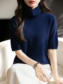 女士 100% 美利奴羊毛上衣 可爱夏季上衣 优雅休闲单线无缝毛衣 T 恤 女士高领毛衣 春夏短袖套头衫 秋冬新款羊毛 T 恤