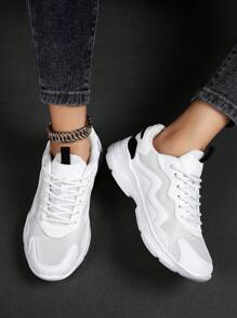Women's Casual Sneakers, Spring & Autumn New Lace-Up Leather & Mesh Patchwork Low-Top Breathable Comfortable Lightweight Unisex Chunky Sneakers, Fashionable Streetwear Style Chunky Sole, Non-Slip Outdoor Casual Walking Travel Leisure Couple Shoes - White and Black - View 5