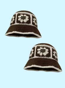 Men's Knitted Bucket Hat, Handmade Embroidery Bucket Hat, Spring Autumn Warm Windproof Retro Wave Brim Cap, Outdoor Streetwear