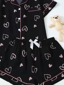 Conjunto de pijama de mujer con estampado de corazón, camisa de manga corta y shorts