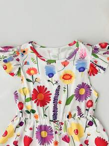 Seven Princess 1 pièce Robe d'été décontractée et confortable pour filles, à imprimé floral, col rond, manches courtes, taille cintrée et coupe évasée