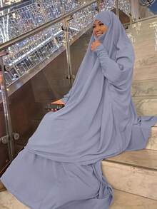 女士优雅两件套：阿拉伯长袍+半身裙 - 灰色 - 查看 3