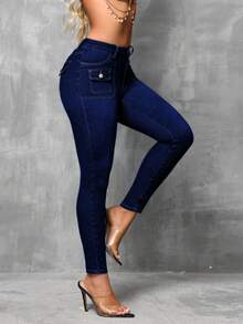 IDYLLIC Jeans para Mujer Pantalones de Mezclilla Cargo, Pantalones de mezclilla de cintura alta y ajustados para mujer Perfecto para un Look Casual Urbano - Azul Marino - Ver 3