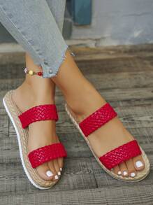 Cross-Border Plus Size 35-45 New Summer Red Woven Linen Rope Sole Fashion Versatile Women Flat Sandals, Casual Outdoor Beach Lightweight Slip-On Flip Flops