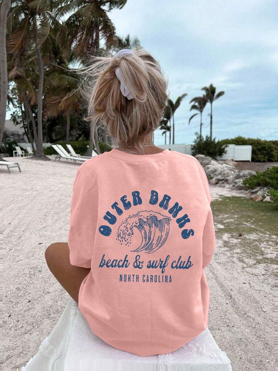 Teen Girl Loose Wave And Slogan Graphic Short Sleeve Summer T-Shirt, Suitable For School, Vacation And Shopping