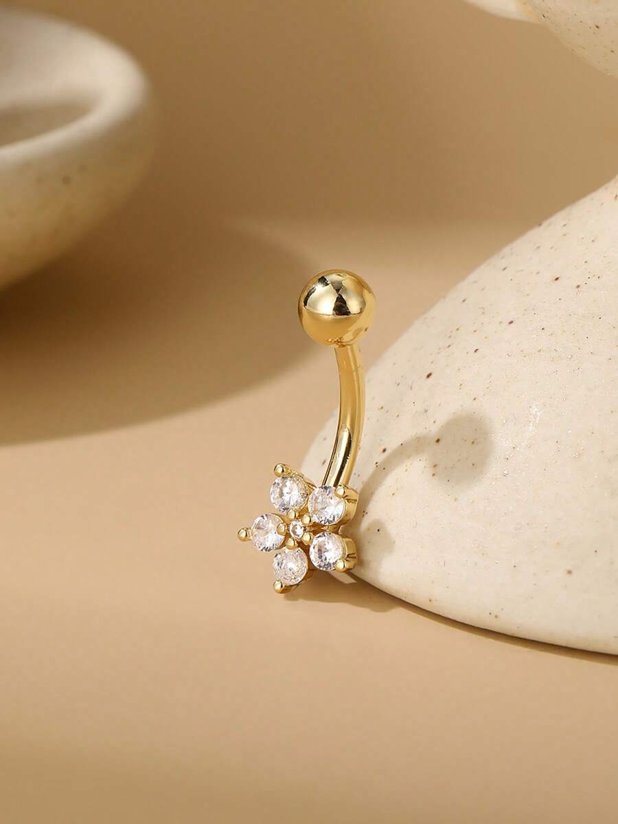 1pc Elegant Floral Cubic Zirconia Belly Button Ring, Women's Body Piercing Jewelry - Flower - View 1