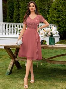 MIUSOL V领亮片花卉蕾丝荷叶边雪纺蓬蓬裙，优雅女士派对礼服，适合正式派对、度假、返校节、毕业典礼及其他夏季场合。 - 藕粉色 - 查看 9