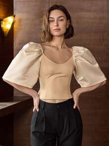 女士纯色优雅泡泡袖V领衬衫 Terno