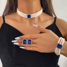 4pcs Rhinestone Geometric Pendant Earrings Necklace Jewelry Set Party Gift - Blue - View 1