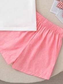 Set de 2 piezas con top de manga corta blanco con estampado de mariposa y pantalón corto falda rosa para niña joven, estilo casual y elegante, apropiado para salidas y vacaciones, para verano