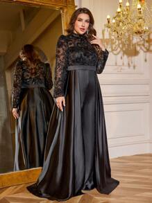 SUPGIR Plus Women's [Random Cut] O-Neck Long Sleeve Sequin Three - Dimensional Flower Slim-Fitting Trousers Satin Maxi Ball Gown Evening Dress - 黑色 - 查看 5