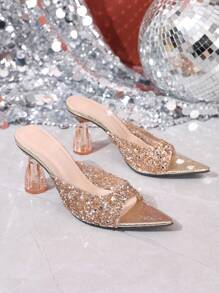 Sommer Damen glitzernde Dekor Plateau-Absatz Spitzschuh Klar-Riemen Sandalen, modisch elegante Alltags- und Party-Absätze, bequeme leichte künstliche Leder Lässig Slip-On Sandalen, Sommer Muss-have