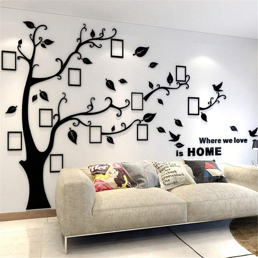 Photo Frame Tree 3D Wall Stickers - Genealogy Wall Decoration, Living Room Wall Decoration Wall Sticker, Large Frame Family Photo Tree Wall Sticker, 11 Pieces Photo Frame, 3D DIY Wall Sticker Wall Decoration Wall Sticker Tree Living Room Bedroom Photo Frame 138cm X 100cm Photo Wall - 黑色 - 查看 1
